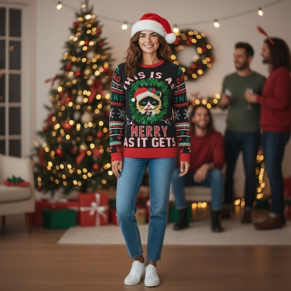 No‎ Boundaries Grumpy Cat Ugly Christmas Sweater XXL Black Red Wreath New